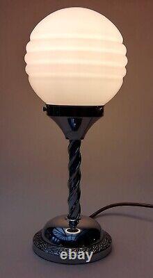 Art Deco Table Lamp Chrome Swirl Stem Base with Pink Glass Globe Shade 36cm High