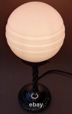 Art Deco Table Lamp Chrome Swirl Stem Base with Pink Glass Globe Shade 36cm High