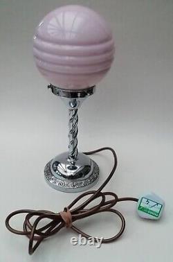 Art Deco Table Lamp Chrome Swirl Stem Base with Pink Glass Globe Shade 36cm High