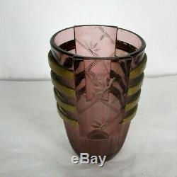 Art Deco Vase Val St Lambert Pink Gold Etched Glass Flowers Egmond Belgium HTF