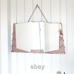Art Deco Vintage Dual Tone Mirror Pink Glass Etched Panels 15.5 x 27