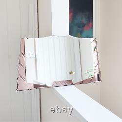 Art Deco Vintage Dual Tone Mirror Pink Glass Etched Panels 15.5 x 27