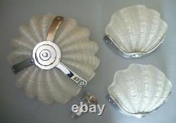 Art Deco White Frosted Glass Clam Shell Lightshade & Wall Uplighters (& Chains)