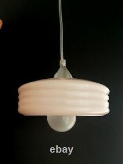 Art Deco pink ribbed glass and chrome pendant ceiling light lamp 1940s 40s VTG