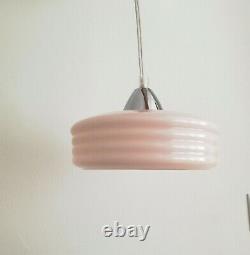 Art Deco pink ribbed glass and chrome pendant ceiling light lamp 1940s 40s VTG