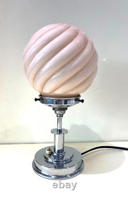 Art Deco small Chrome Table Lamp with pink ribbed glass shade