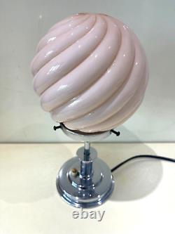 Art Deco small Chrome Table Lamp with pink ribbed glass shade