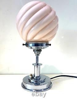 Art Deco small Chrome Table Lamp with pink ribbed glass shade