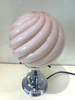 Art Deco small Chrome Table Lamp with pink ribbed glass shade