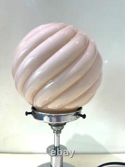 Art Deco small Chrome Table Lamp with pink ribbed glass shade