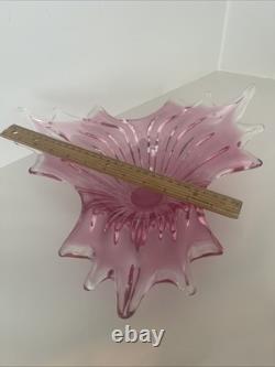 Art Glass Bowl Large Centerpiece Free-form Star Pink Vintage MCM 12x12x4.5