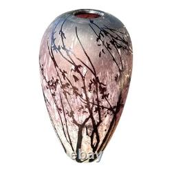 Art Glass Cameo Vase Etched Leaf Branch Purple Pink 11.5 Inch Tall