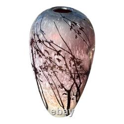 Art Glass Cameo Vase Etched Leaf Branch Purple Pink 11.5 Inch Tall