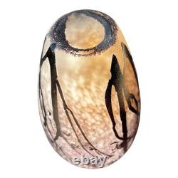 Art Glass Cameo Vase Etched Leaf Branch Purple Pink 11.5 Inch Tall