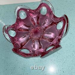 Art Glass Centerpiece Bowl Vintage Pink Cranberry Mid Century Modern Free Form