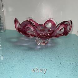 Art Glass Centerpiece Bowl Vintage Pink Cranberry Mid Century Modern Free Form