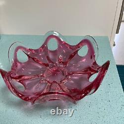 Art Glass Centerpiece Bowl Vintage Pink Cranberry Mid Century Modern Free Form