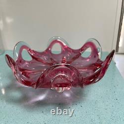Art Glass Centerpiece Bowl Vintage Pink Cranberry Mid Century Modern Free Form