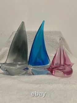 Art Glass Sailboat Figurines Set of 3 Decorative Nautical Blue Pink Grey