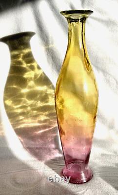 Art Glass Two Tone Colors Vase Pink Yellow 16H Vintage