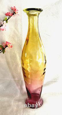 Art Glass Two Tone Colors Vase Pink Yellow 16H Vintage