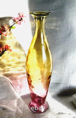 Art Glass Two Tone Colors Vase Pink Yellow 16H Vintage