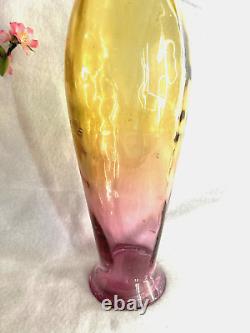 Art Glass Two Tone Colors Vase Pink Yellow 16H Vintage