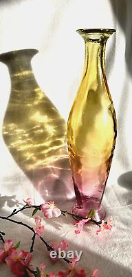 Art Glass Two Tone Colors Vase Pink Yellow 16H Vintage