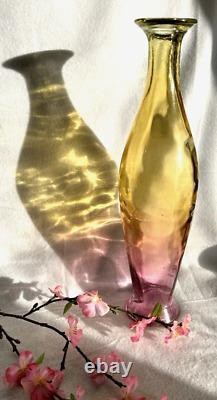 Art Glass Two Tone Colors Vase Pink Yellow 16H Vintage
