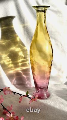 Art Glass Two Tone Colors Vase Pink Yellow 16H Vintage
