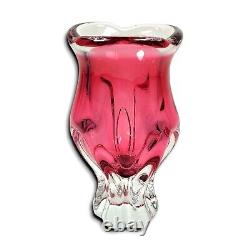 Art Glass Vase Josef Hospodka Chribska Glassworks 60s Czech Pink Red MCM Footed