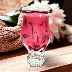 Art Glass Vase Josef Hospodka Chribska Glassworks 60s Czech Pink Red MCM Footed