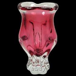 Art Glass Vase Josef Hospodka Chribska Glassworks 60s Czech Pink Red MCM Footed