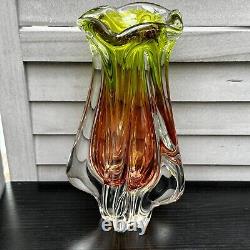 Art Glass Vase Josef Hospodka for Chribska Glassworks 1960s Bohemian Pink Green