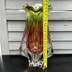 Art Glass Vase Josef Hospodka for Chribska Glassworks 1960s Bohemian Pink Green