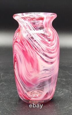 Art Glass Vase Pink White Abstract Swirl Cased Clear Polished Pontil 6T Heavy
