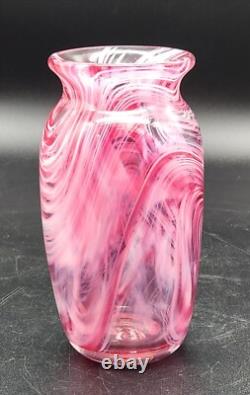 Art Glass Vase Pink White Abstract Swirl Cased Clear Polished Pontil 6T Heavy