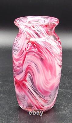 Art Glass Vase Pink White Abstract Swirl Cased Clear Polished Pontil 6T Heavy