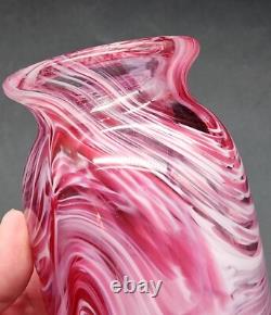 Art Glass Vase Pink White Abstract Swirl Cased Clear Polished Pontil 6T Heavy