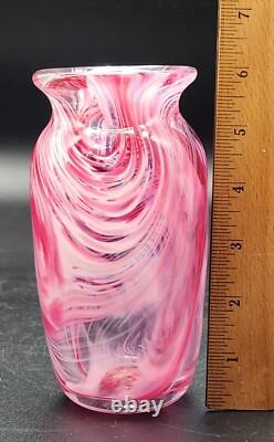 Art Glass Vase Pink White Abstract Swirl Cased Clear Polished Pontil 6T Heavy