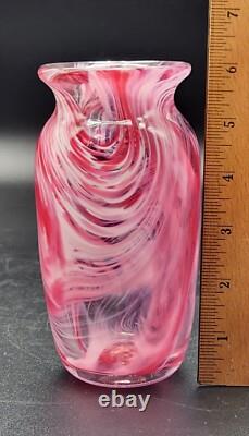 Art Glass Vase Pink White Abstract Swirl Cased Clear Polished Pontil 6T Heavy