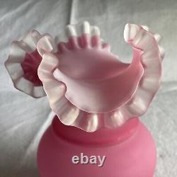 Art Glass Vase Satin Cranberry Pink Opalescent Cased Glass Ruffle Top 10 Vtg