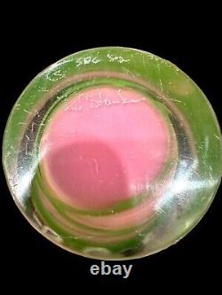 Art Glass Vase Signed SGB Dated'82 Pink & Green Floral Motif Cased Hand Blown