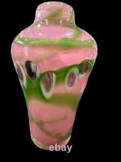 Art Glass Vase Signed SGB Dated'82 Pink & Green Floral Motif Cased Hand Blown