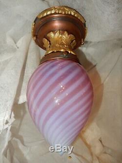 Art Nouveau Brass Ceiling Light with Pink Opalescent Swirl Glass Shade