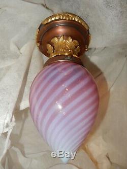 Art Nouveau Brass Ceiling Light with Pink Opalescent Swirl Glass Shade