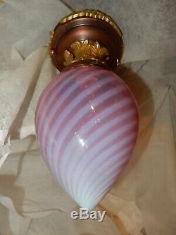 Art Nouveau Brass Ceiling Light with Pink Opalescent Swirl Glass Shade