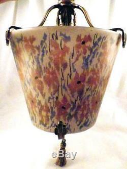 Art Nouveau Ceiling Lamp Frosted Glass Shade Pink Blue Flowers Fixture Tassel