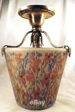 Art Nouveau Ceiling Lamp Frosted Glass Shade Pink Blue Flowers Fixture Tassel