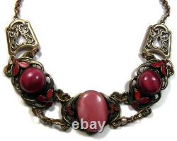 Art Nouveau Czech Neiger Bros Pink Moonstone Red Enamel Dot & Leaf Necklace